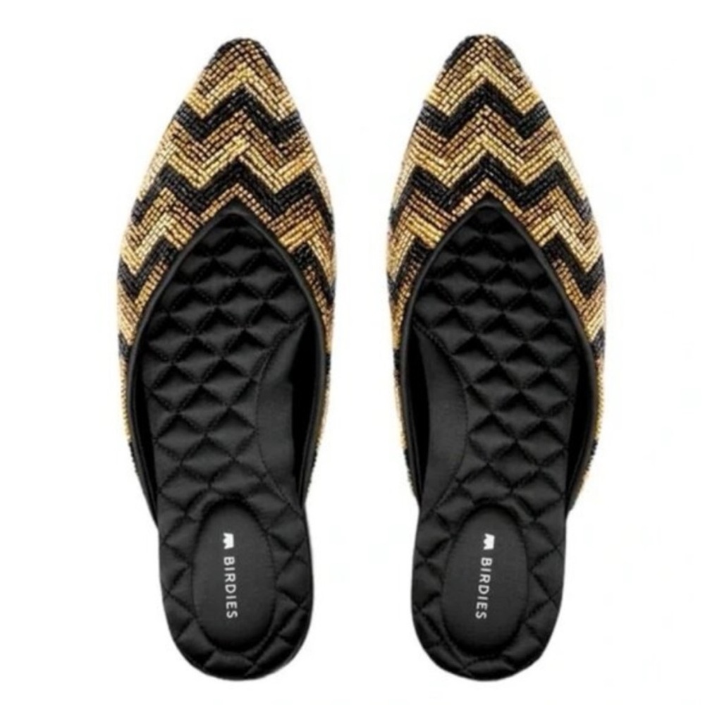 Birdies Women's Black and Gold Beaded Flats - the swan chevron 9